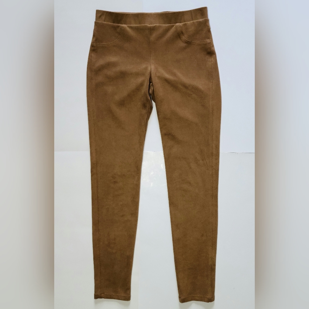 Womens Leggings Pants Yoga Stretch Long Faux Suede Brown Mid Waist Size Small